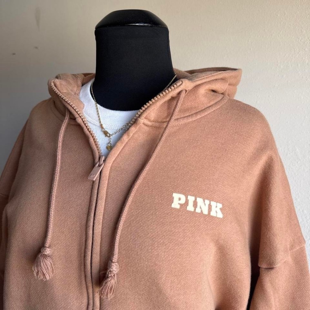 Victoria's Secret PINK tan camel oversized zip up hoodie large varsity P graphic - Picture 4 of 6